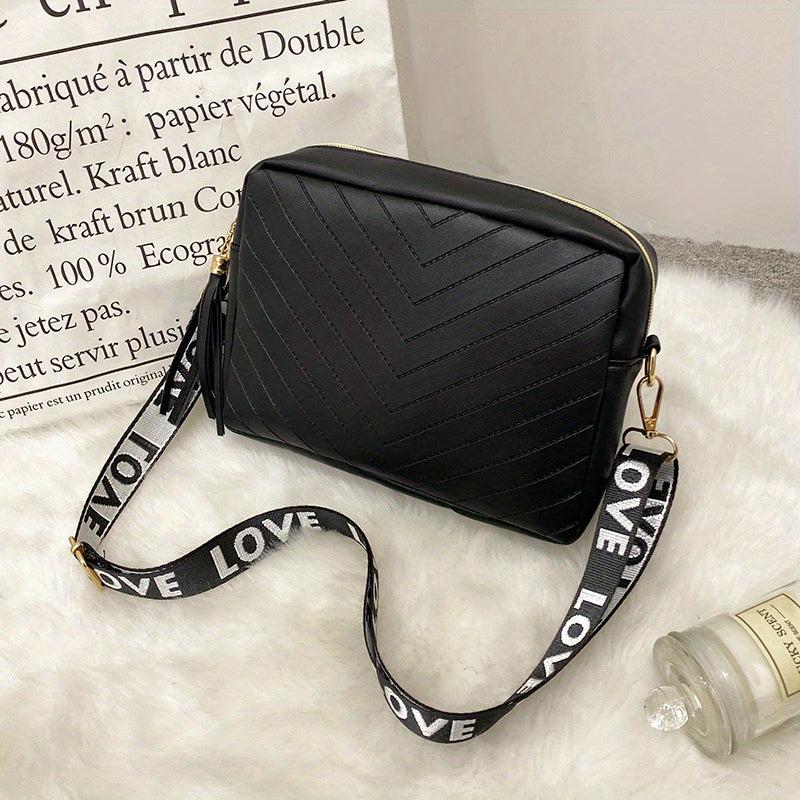 Chevron V Pattern Shoulder Bag with Tassel Zipper Crossbody