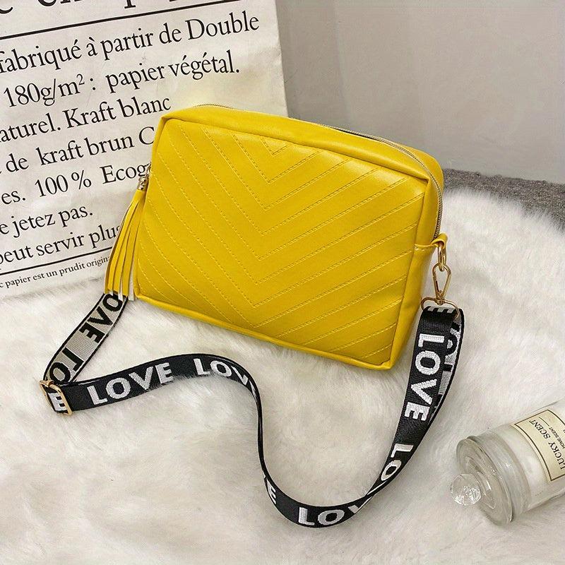 Chevron V Pattern Shoulder Bag with Tassel Zipper Crossbody