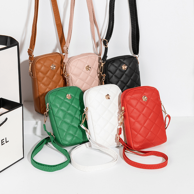 Argyle Quilted Phone Bag Mini Crossbody PU Leather Zipper Purse