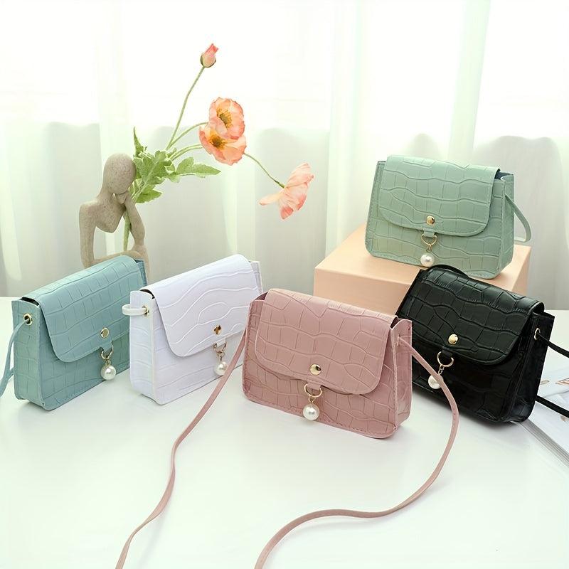 Pearl Decor Crossbody Bag PU Leather Textured Bag Shoulder Bag
