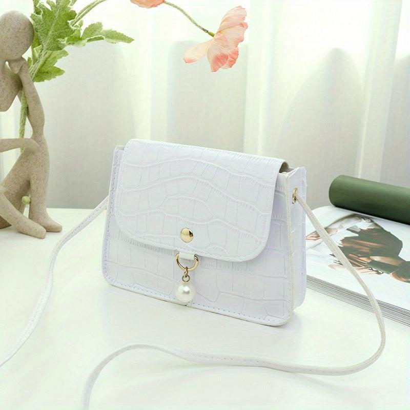 Pearl Decor Crossbody Bag PU Leather Textured Bag Shoulder Bag