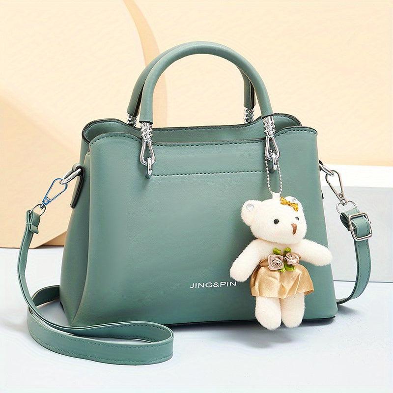 Classic Solid Satchel Bag with Bear Pendant