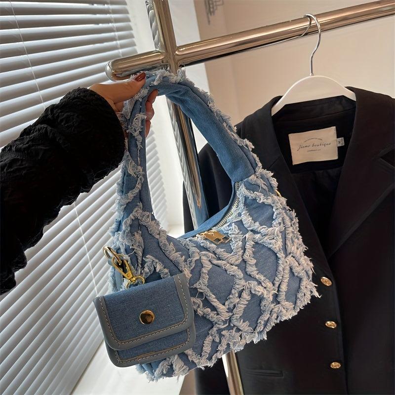 Raw Trim Denim Hobo Bag Shoulder Bag With Coin Purse