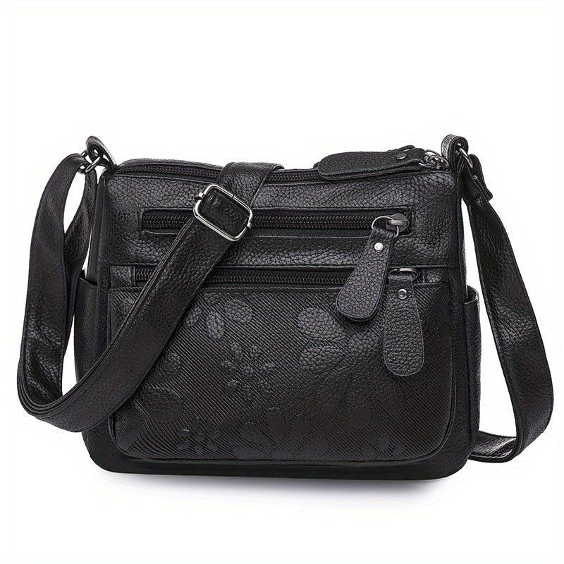 Flower Embossed Crossbody Bag PU Leather Shoulder Bag Women's Pockets
