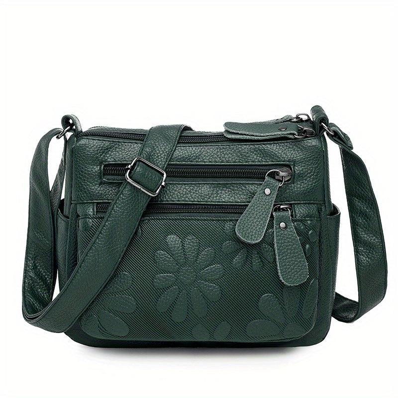 Flower Embossed Crossbody Bag PU Leather Shoulder Bag Women's Pockets