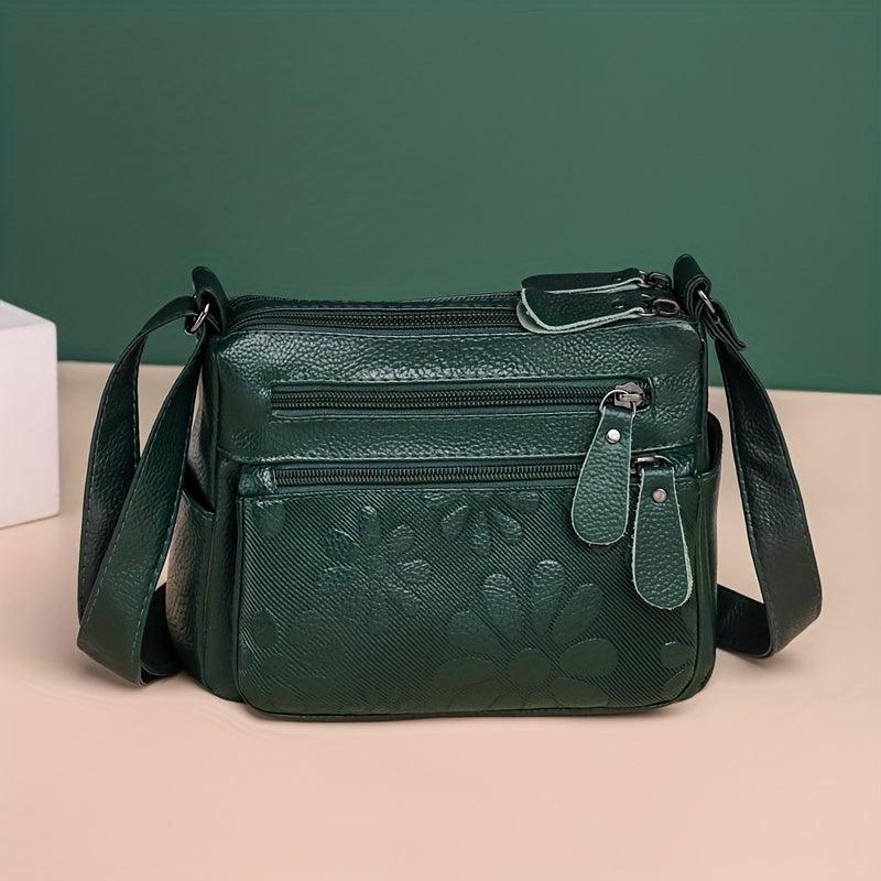 Flower Embossed Crossbody Bag PU Leather Shoulder Bag Women's Pockets