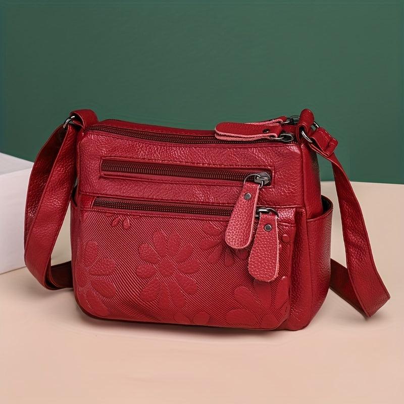 Flower Embossed Crossbody Bag PU Leather Shoulder Bag Women's Pockets