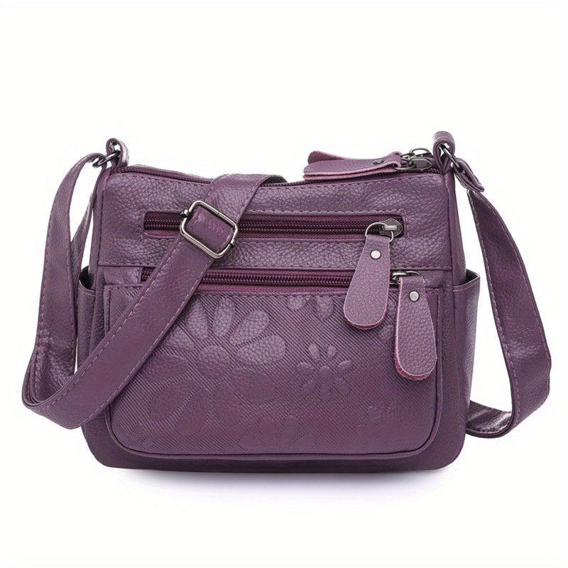 Flower Embossed Crossbody Bag PU Leather Shoulder Bag Women's Pockets