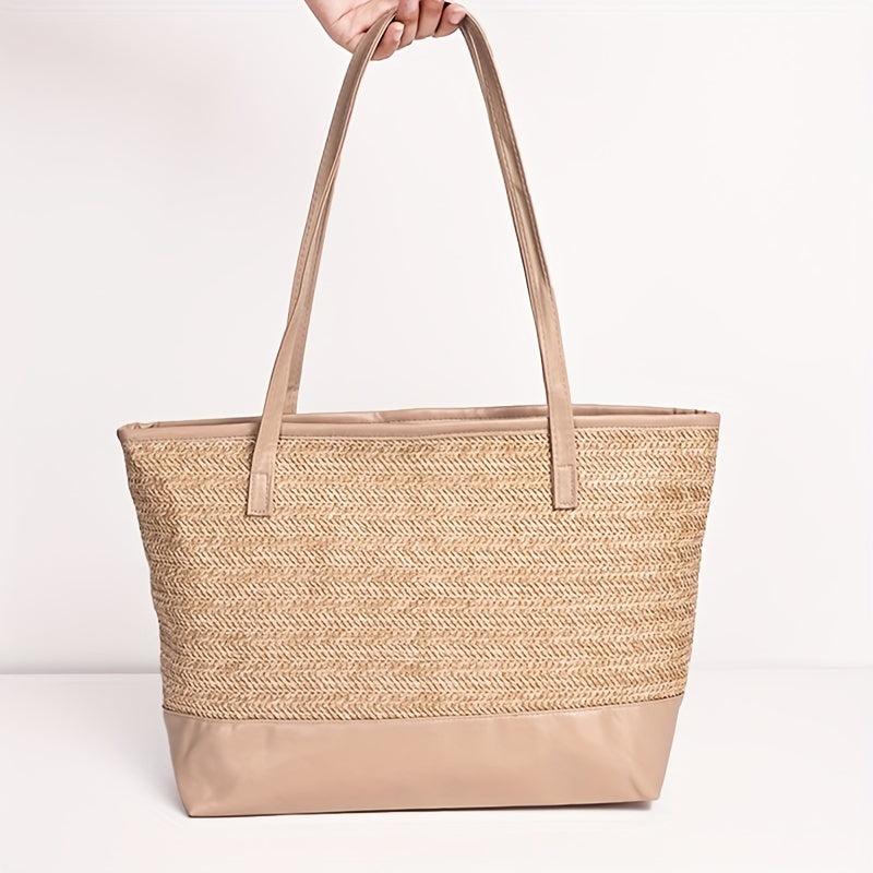Straw Weaving Handbag Zipper Large Capacity Beach Tote Bag