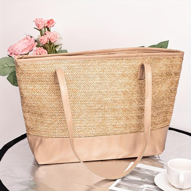 Straw Weaving Handbag Zipper Large Capacity Beach Tote Bag