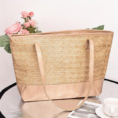 Straw Weaving Handbag Zipper Large Capacity Beach Tote Bag