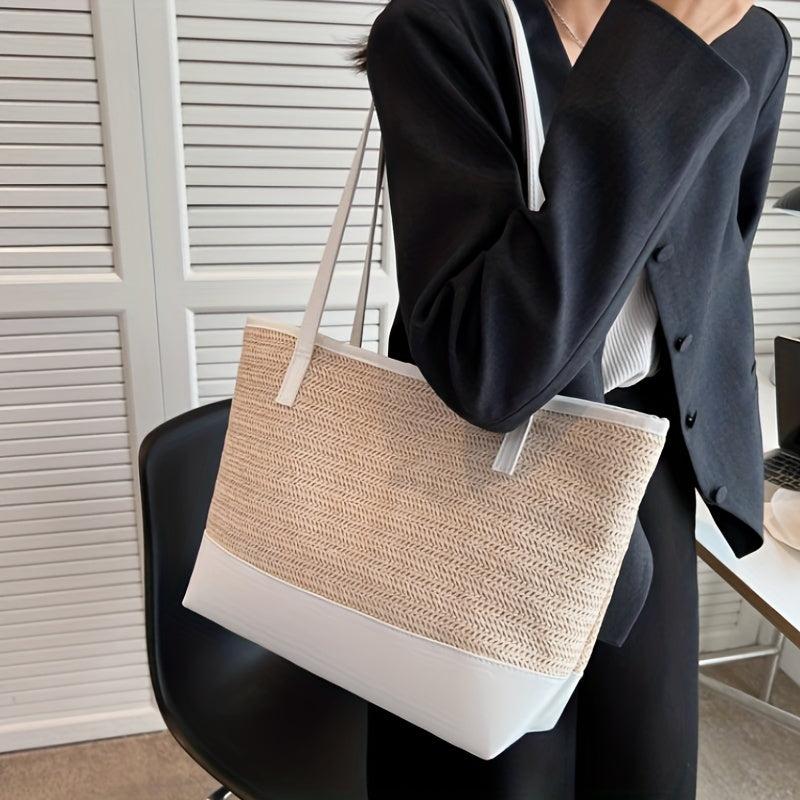 Straw Weaving Handbag Zipper Large Capacity Beach Tote Bag