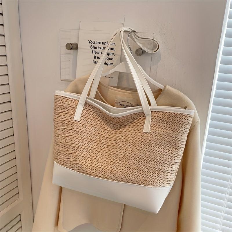 Straw Weaving Handbag Zipper Large Capacity Beach Tote Bag