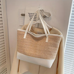 Straw Weaving Handbag Zipper Large Capacity Beach Tote Bag
