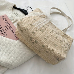 Straw Tote Bag For Women Flower Lace Beach Shoulder Bag