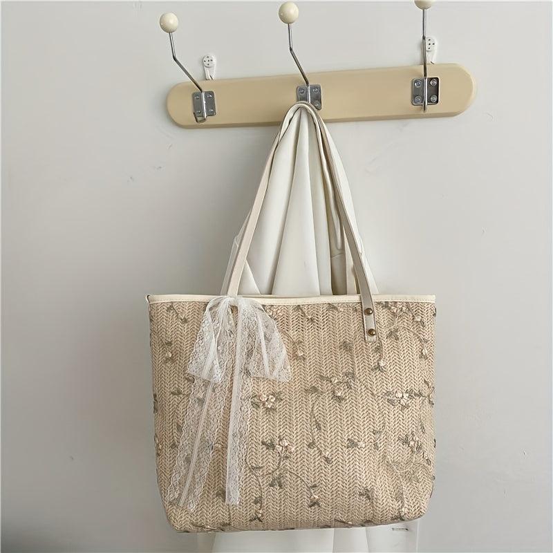 Straw Tote Bag For Women Flower Lace Beach Shoulder Bag