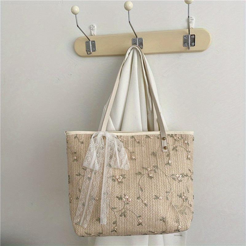 Straw Tote Bag For Women Flower Lace Beach Shoulder Bag