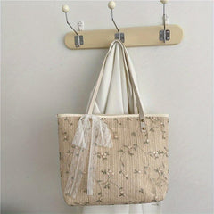 Straw Tote Bag For Women Flower Lace Beach Shoulder Bag
