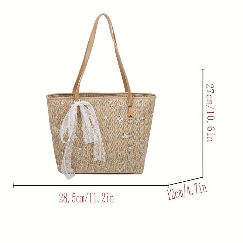 Straw Tote Bag For Women Flower Lace Beach Shoulder Bag