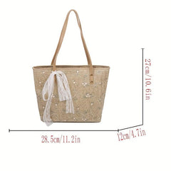 Straw Tote Bag For Women Flower Lace Beach Shoulder Bag