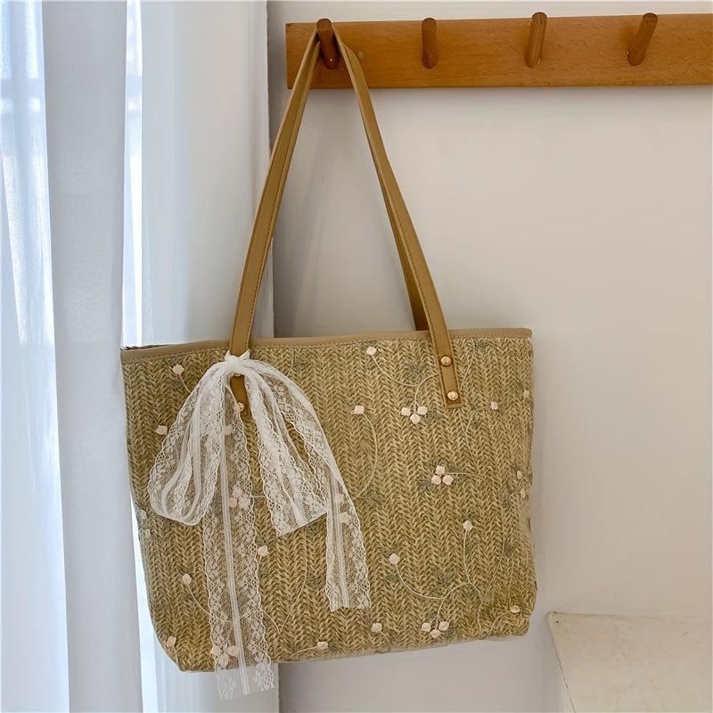 Straw Tote Bag For Women Flower Lace Beach Shoulder Bag