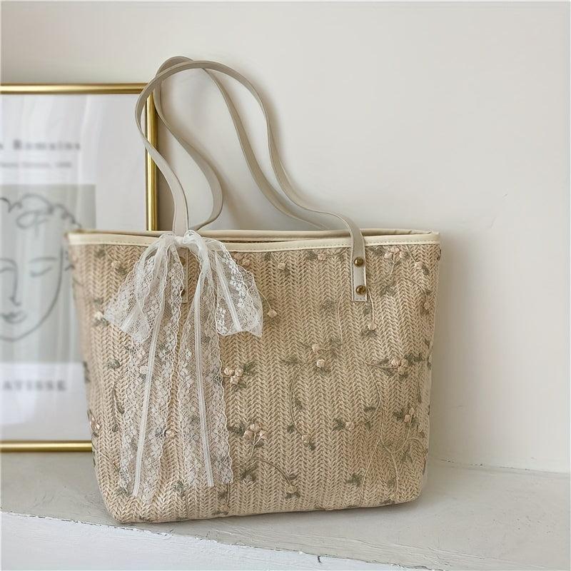 Straw Tote Bag For Women Flower Lace Beach Shoulder Bag