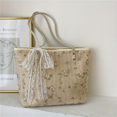 Straw Tote Bag For Women Flower Lace Beach Shoulder Bag