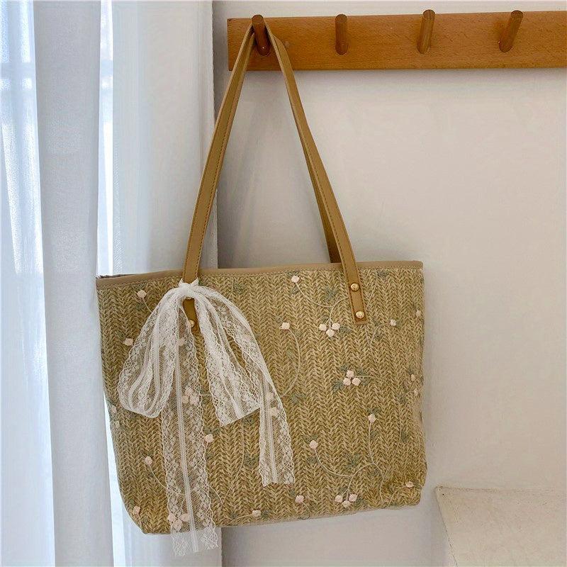 Straw Tote Bag For Women Flower Lace Beach Shoulder Bag