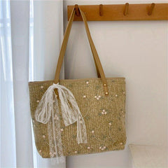 Straw Tote Bag For Women Flower Lace Beach Shoulder Bag