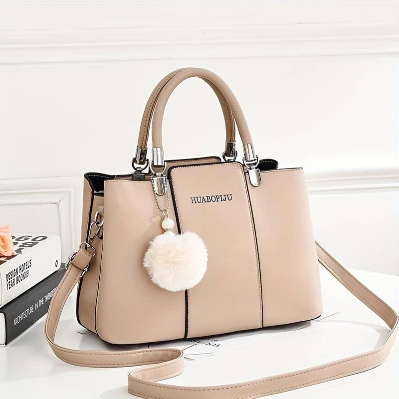 Classic Tote Satchel Bag with Pom Pom Decor Women's Shoulder Bag