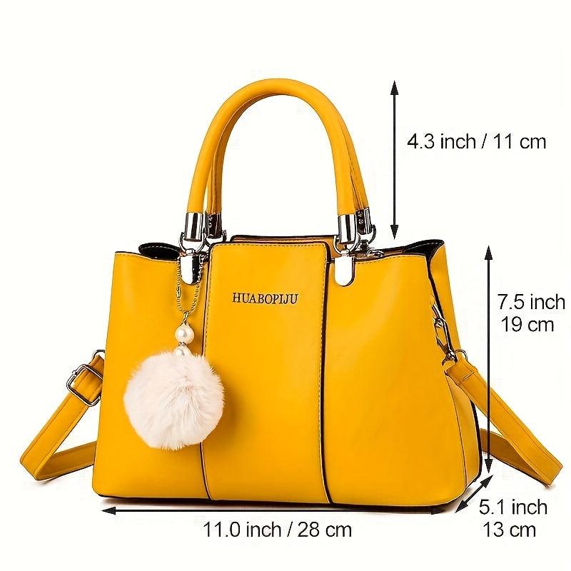 Classic Tote Satchel Bag with Pom Pom Decor Women's Shoulder Bag
