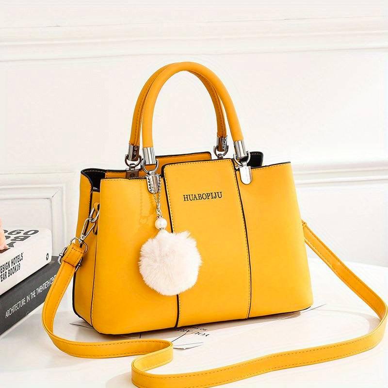 Classic Tote Satchel Bag with Pom Pom Decor Women's Shoulder Bag