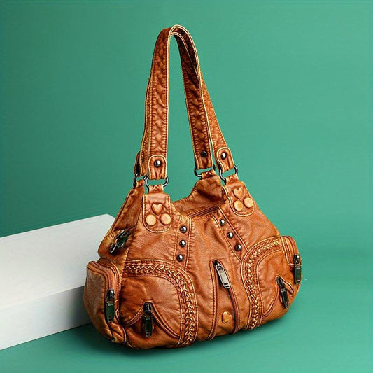 Studded Decor Shoulder Bag Vintage Handbags Soft PU Leather Satchel