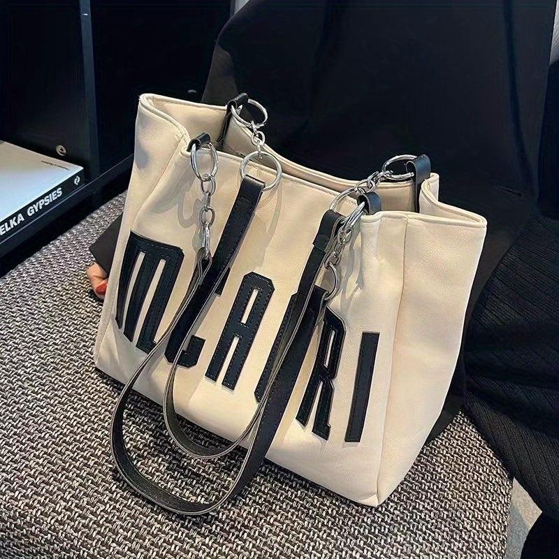 Letter Patch Tote Bag Faux Leather Handbag Large Capacity Shoulder Bag