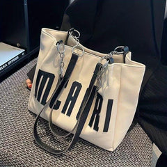 Letter Patch Tote Bag Faux Leather Handbag Large Capacity Shoulder Bag