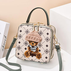 Plush Bear Square Handbag Faux Leather Crossbody Bag Mini Purse 7.5 Inch