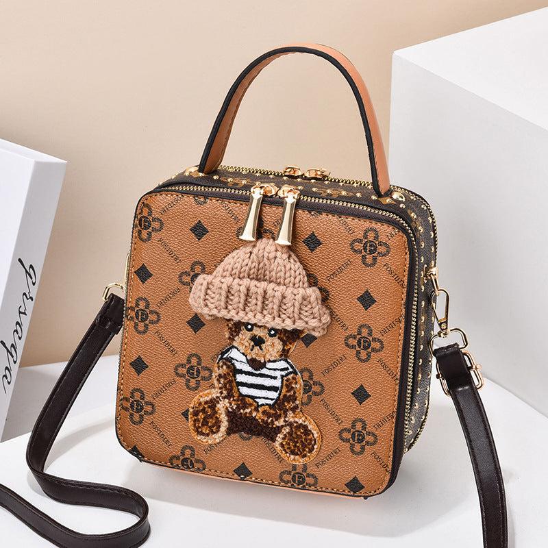Plush Bear Square Handbag Faux Leather Crossbody Bag Mini Purse 7.5 Inch