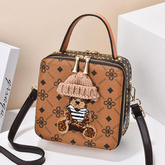 Plush Bear Square Handbag Faux Leather Crossbody Bag Mini Purse 7.5 Inch