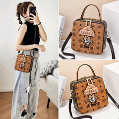 Plush Bear Square Handbag Faux Leather Crossbody Bag Mini Purse 7.5 Inch