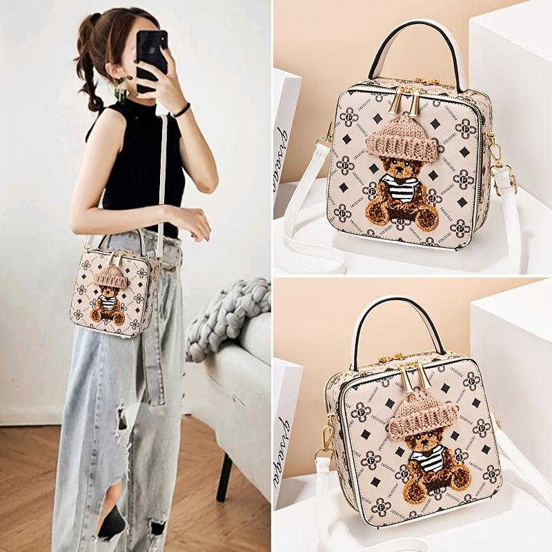 Plush Bear Square Handbag Faux Leather Crossbody Bag Mini Purse 7.5 Inch