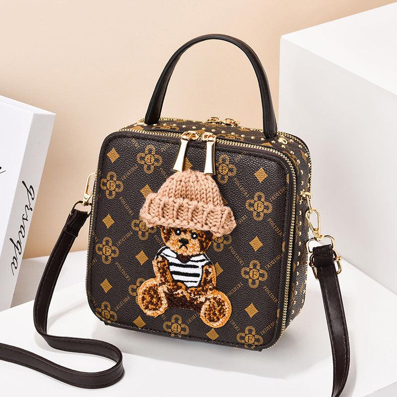 Plush Bear Square Handbag Faux Leather Crossbody Bag Mini Purse 7.5 Inch