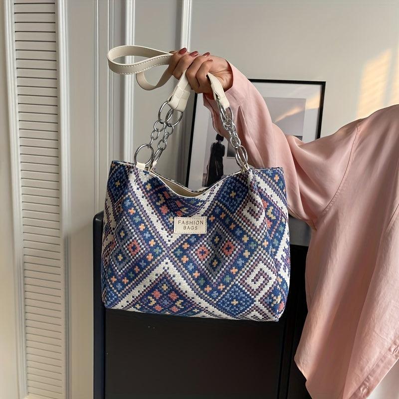 Large Capacity Retro Pattern Tote Bag Nylon Durable Lightweight Shoulder Bag