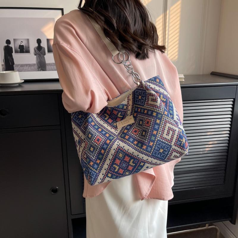 Large Capacity Retro Pattern Tote Bag Nylon Durable Lightweight Shoulder Bag