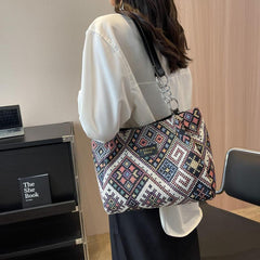 Large Capacity Retro Pattern Tote Bag Nylon Durable Lightweight Shoulder Bag