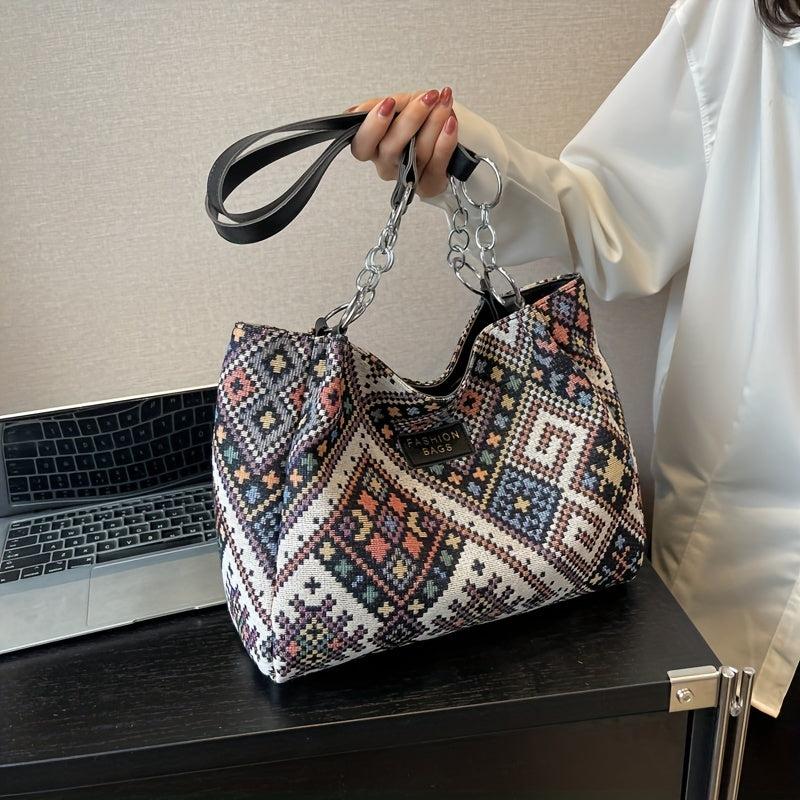 Large Capacity Retro Pattern Tote Bag Nylon Durable Lightweight Shoulder Bag