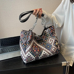 Large Capacity Retro Pattern Tote Bag Nylon Durable Lightweight Shoulder Bag