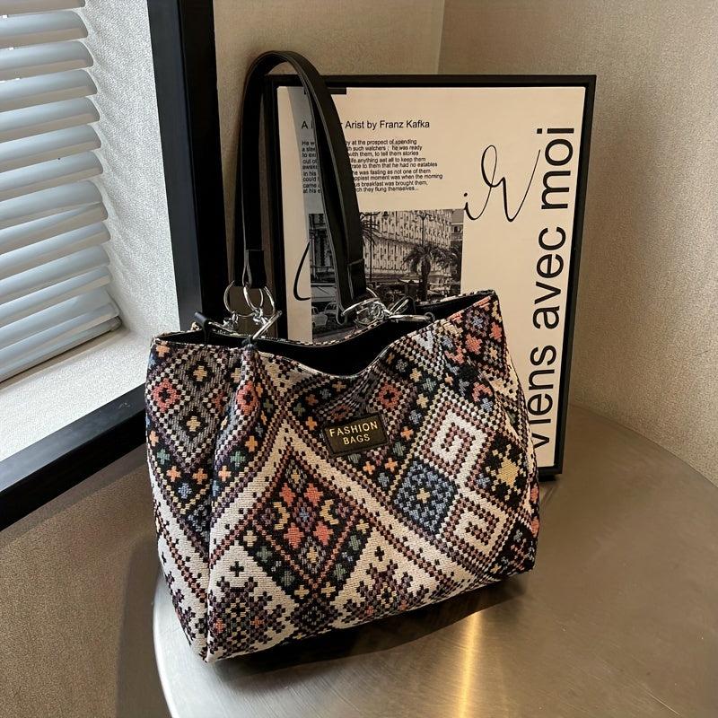 Large Capacity Retro Pattern Tote Bag Nylon Durable Lightweight Shoulder Bag