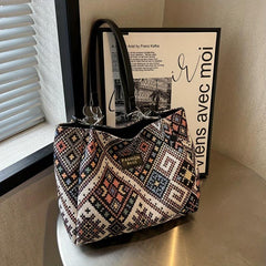 Large Capacity Retro Pattern Tote Bag Nylon Durable Lightweight Shoulder Bag