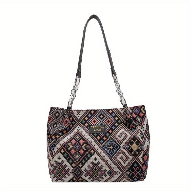 Large Capacity Retro Pattern Tote Bag Nylon Durable Lightweight Shoulder Bag