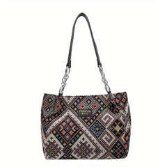 Large Capacity Retro Pattern Tote Bag Nylon Durable Lightweight Shoulder Bag